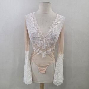 Victoria's Secret Blush Bodysuit with White Lace Trim